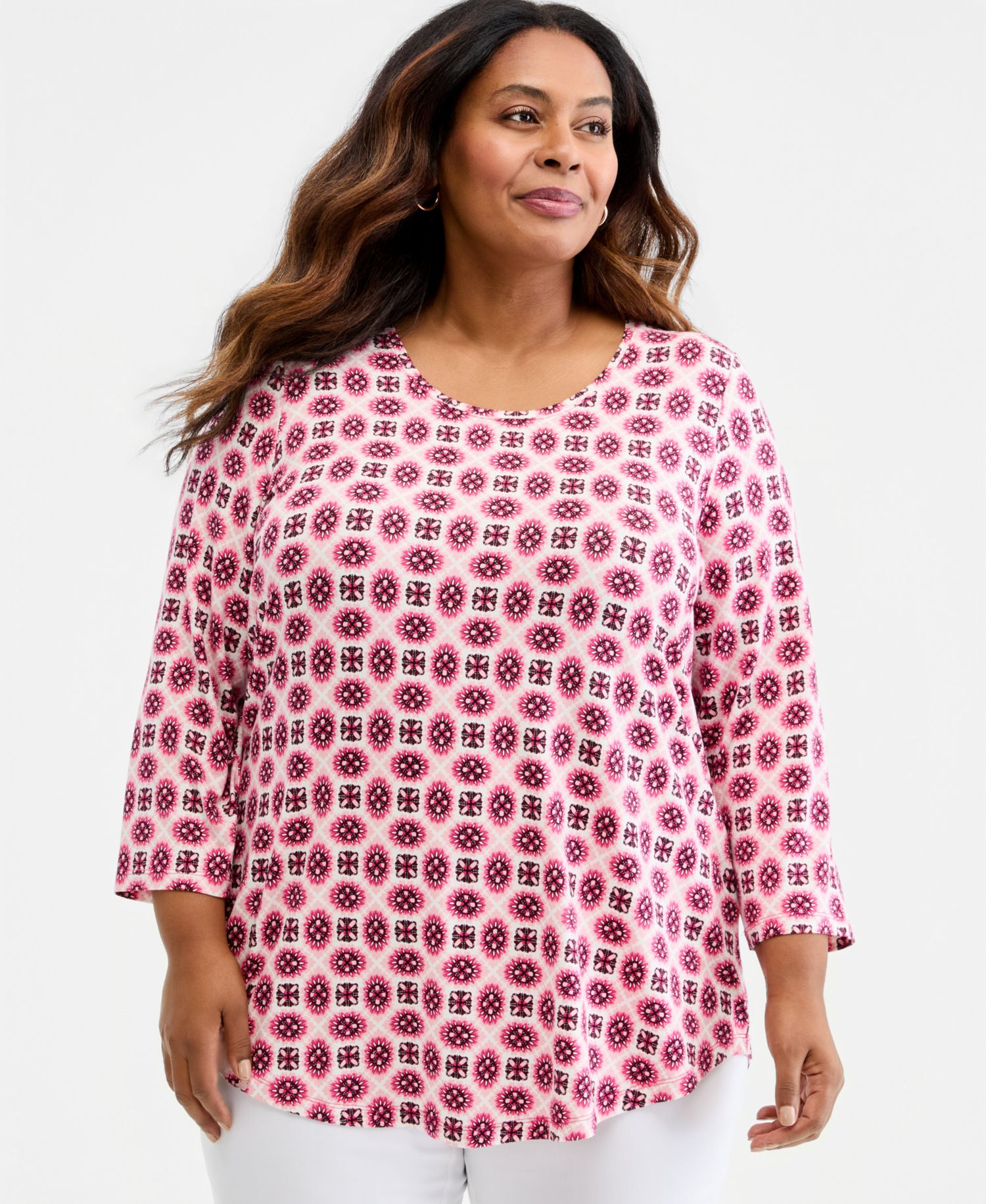Petite Aria Tile Geometric-Print 3/4-Sleeve Scoop Neck T-Shirt