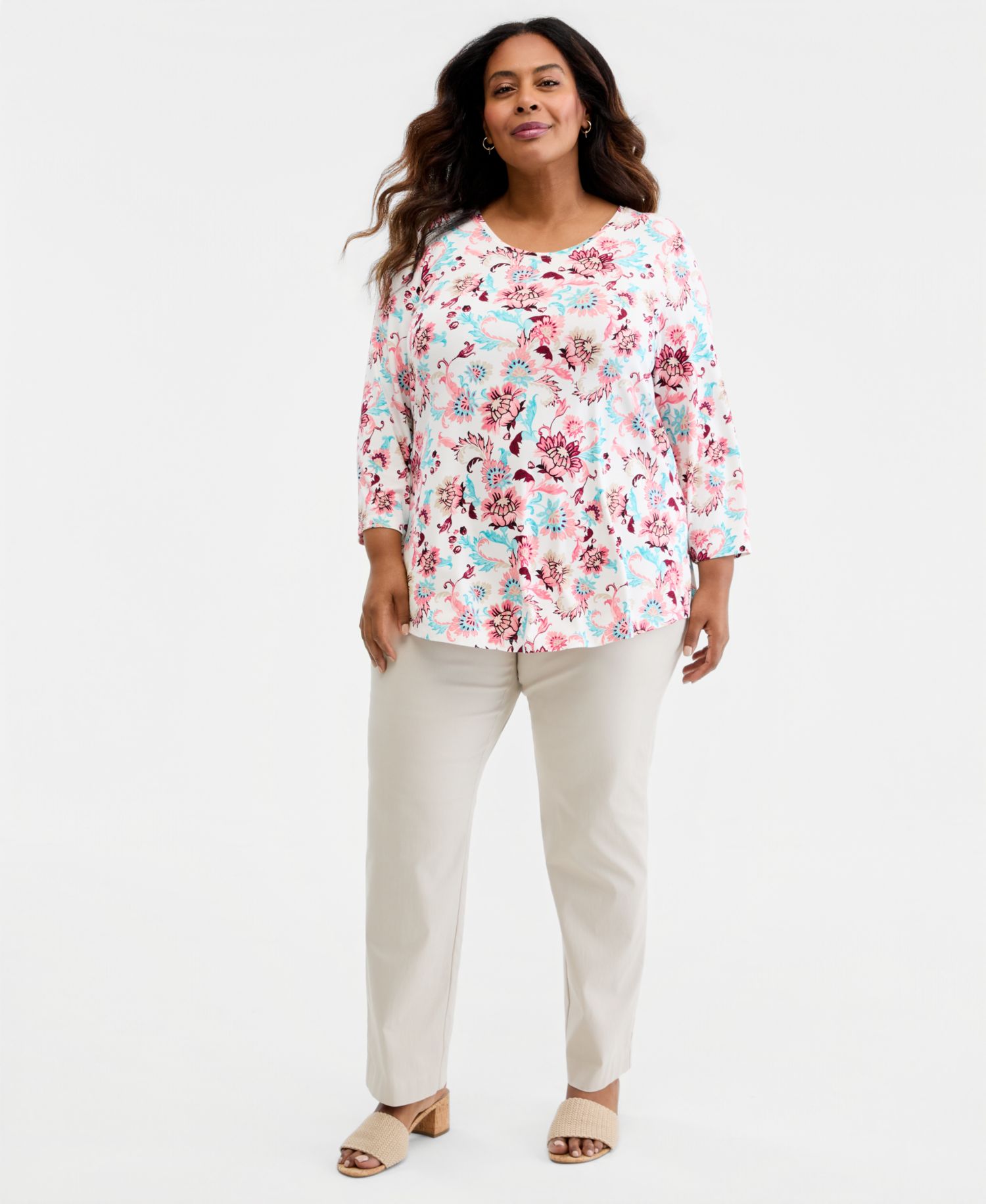 Petite Printed Scoop-Neck 3/4-Sleeve Top