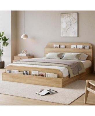 Queen Wooden Platform Bed Frame with Storage Headboard & Raised Footboard, No Box Spring Needed