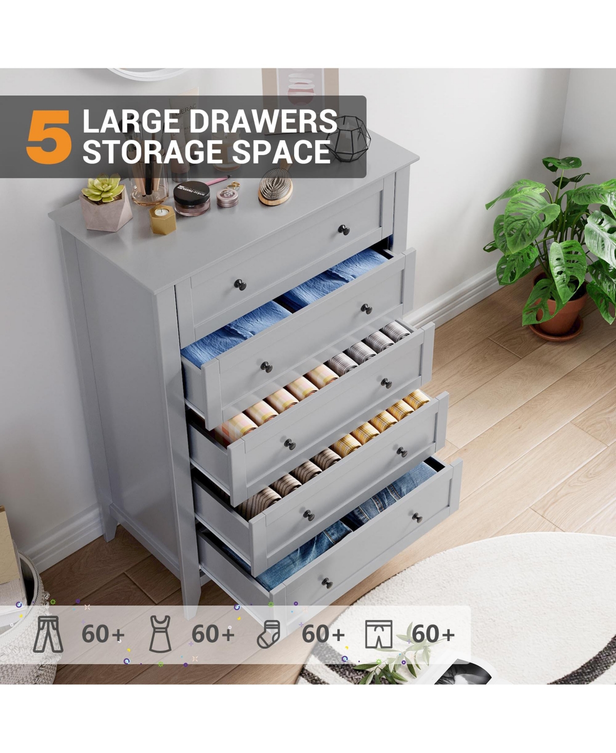 gaomon 5 Drawer Modern Tall Nightstand, Deep Drawers, Nickel Round Handle