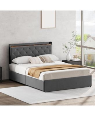  Velvet Headboard Storage Bed Frame - 4 Drawers, USB/AC Charging Station, No Box Spring Needed