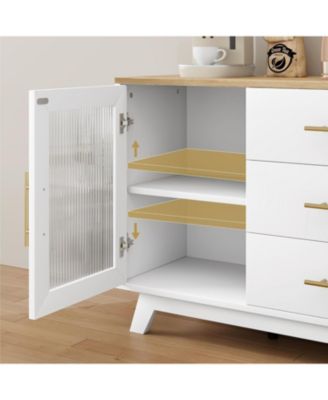 56 Inch Modern Sideboard Buffet Cabinet with 3 Drawers Adjustable Shelves and Fluted Glass Doors in Wood Top