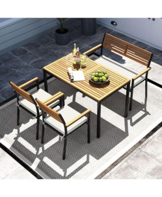 4 PCS Patio Furniture Set with Acacia Wood & Metal Frame Umbrella 1 table