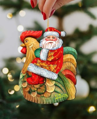 Santa Rooster Wooden Christmas Ornament, Set of 2