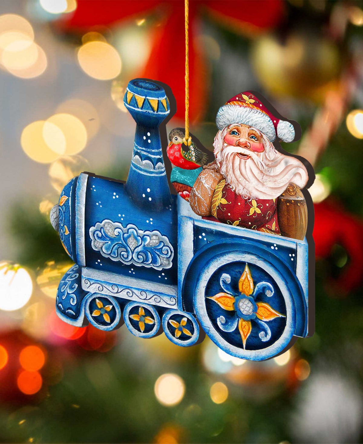 Designocracy Train Riding Santa Wooden Christmas Ornament Set of 2
