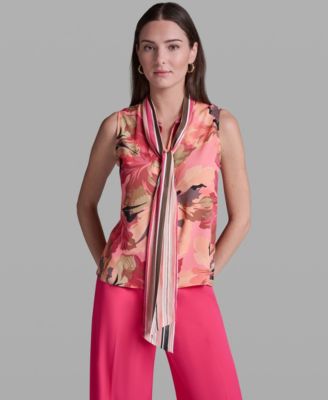 Women's Printed Tie-Neck Sleeveless Top