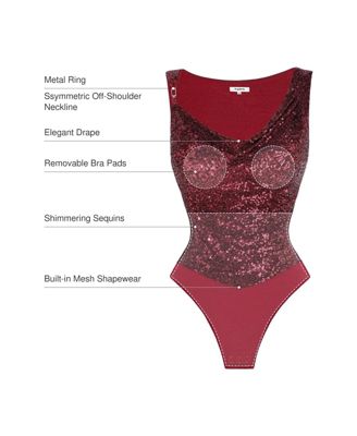 Women's Sequin Cowl Neck Chain Detail Sculpting Bodysuit