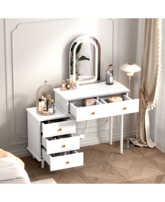 Modern Wood Makeup Vanity Desk with Adjustable Lighted Mirror, Drawers and Cabinet