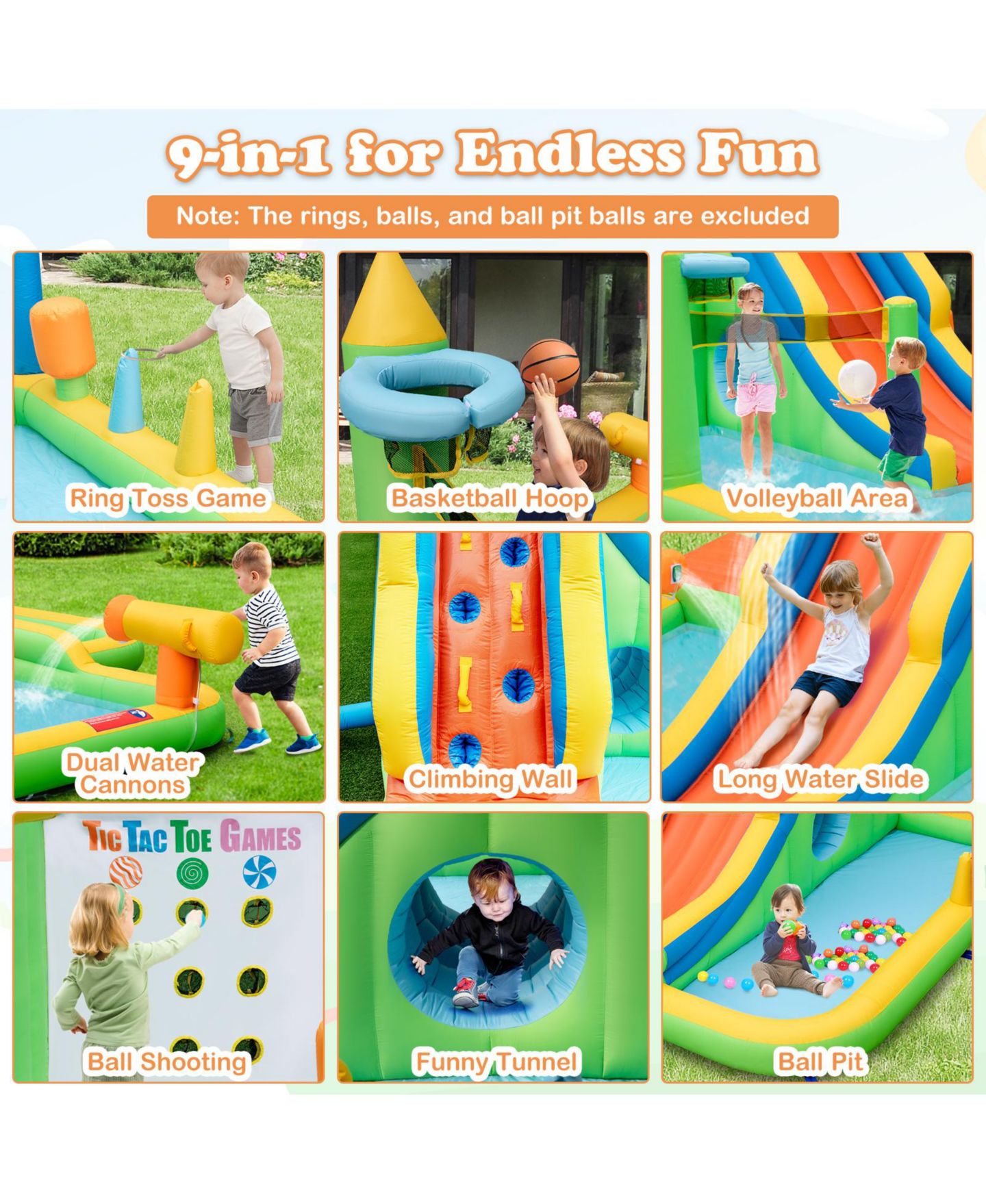 Детская игрушка Mecale 9-in-1 Giant Inflatable Water Slide Park, 15.5'L x 12.5'W x 8.2'H, 735W Blower Included, Ages 3-10, цвет: Зелёный — фото 5