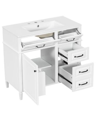 Freestanding Bathroom Vanity with Ceramic Sink, Flip Drawers & Adjustable Shelf, Modern Storage Cabinet