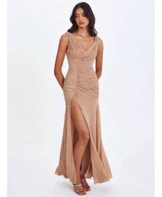 Women's Viveca Apricot Crystal-Embellished Asymmetrical Ruched Maxi Dress