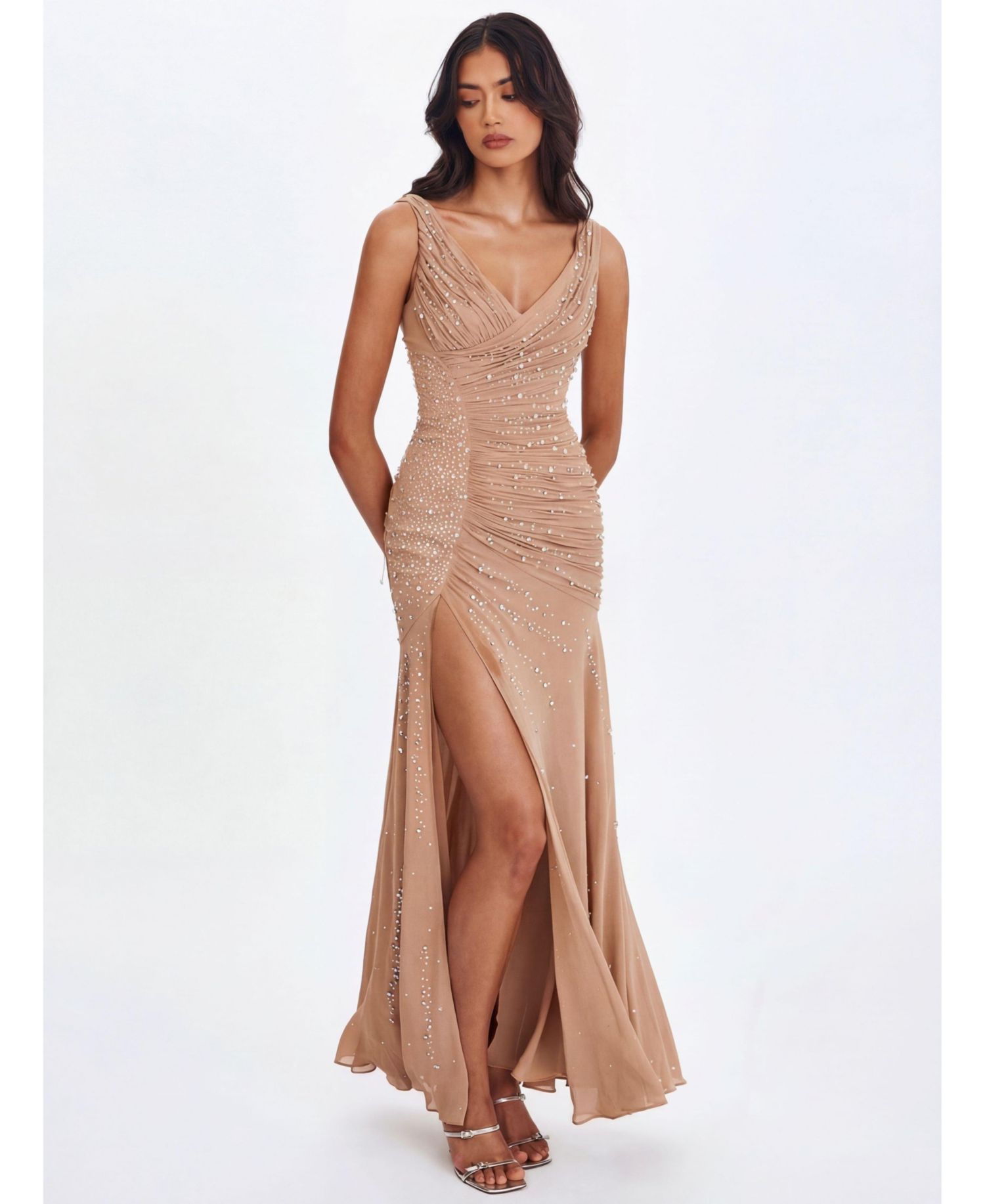 Women's Viveca Apricot Crystal-Embellished Asymmetrical Ruched Maxi Dress