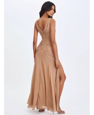 Women's Viveca Apricot Crystal-Embellished Asymmetrical Ruched Maxi Dress