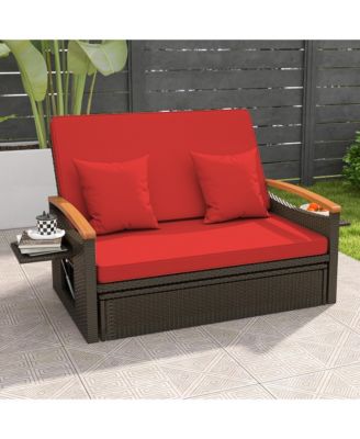 Patio Rattan Daybed Set w/ Cushioned Loveseat and Storage Ottoman
