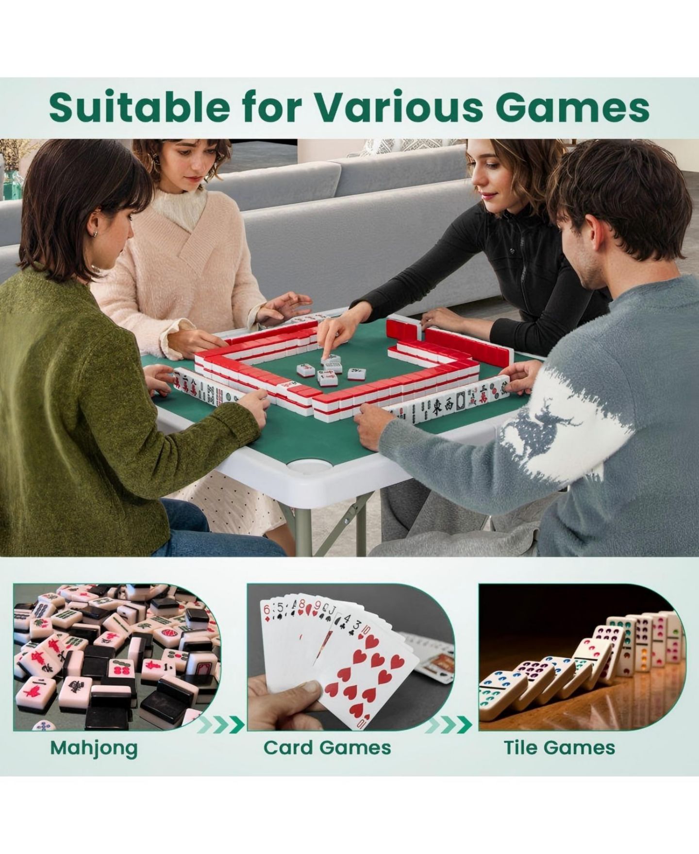 Детская игрушка HONGGE 35 Inch 4 Player Game Card Folding Mahjong Table with Cup Holders, цвет: Зелёный — фото 8