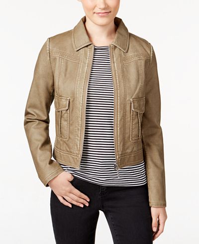 Collection B Juniors' Weathered Faux-Leather Zipper-Front Jacket