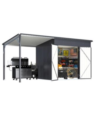 Outdoor Open-Sided Storage Shed with Attached Hardtop Metal Pergola