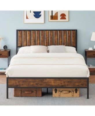 Rustic Full Bed Frame With Headboard Metal Platform Farmhouse Heavy Duty No Box Spring Easy Storage