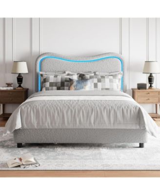 Full Size LED Bed Frame with 2 Drawers and Headboard Cute Upholstered Bed Storage Sturdy Platform No Box Spring Grey