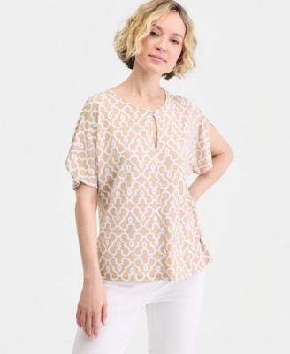 Women's Short Dolman Sleeve Printed Keyhole Knit Top