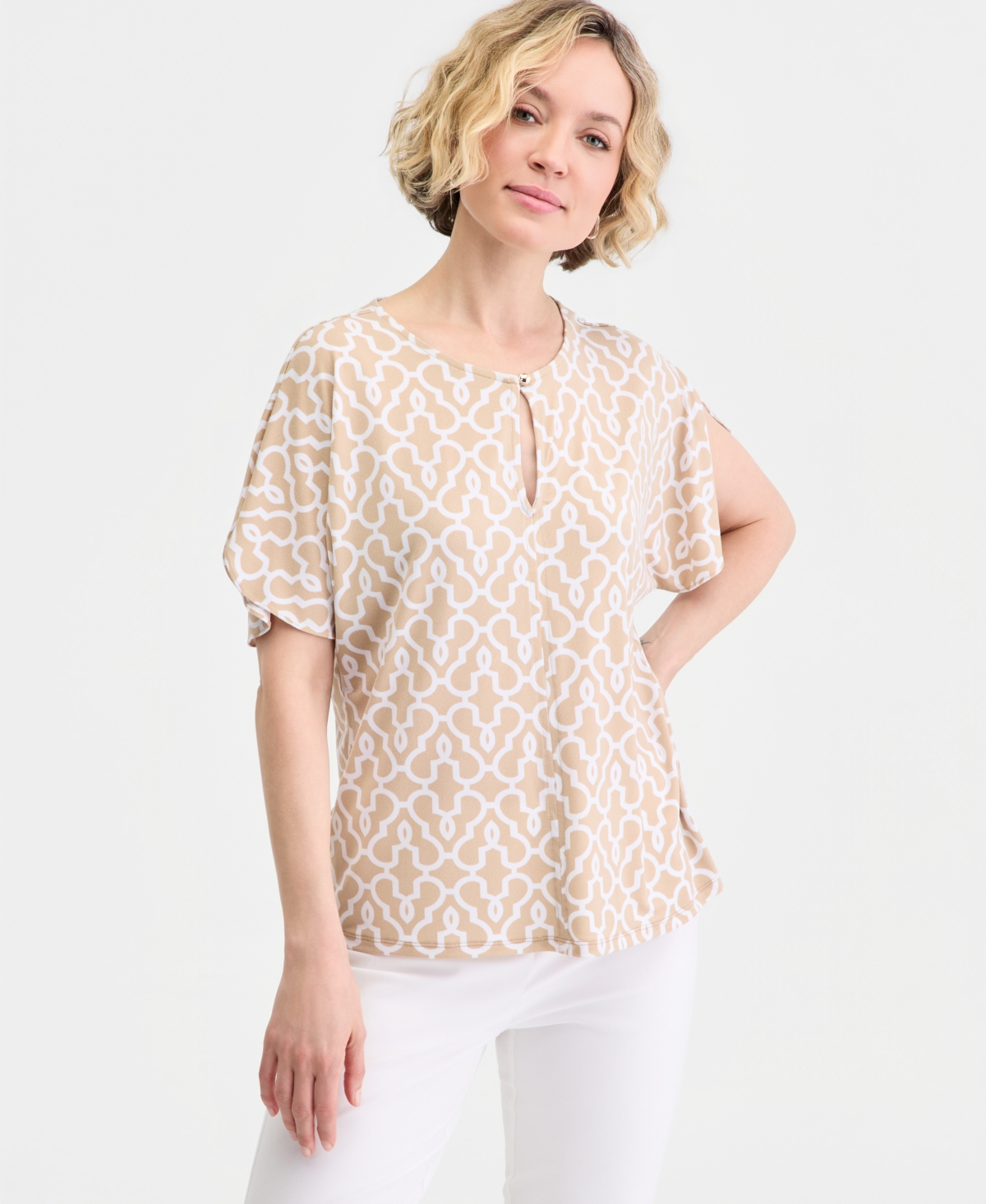 Jm Collection Women's Short Dolman Sleeve Printed Keyhole Knit Top, Macy's Exclusive