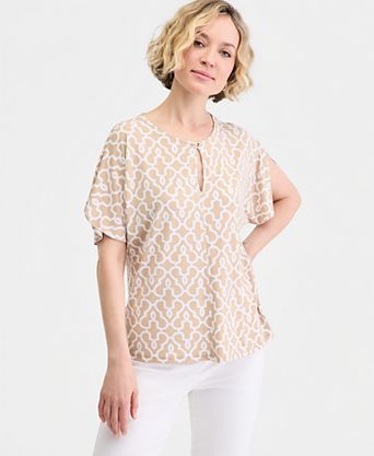 Women's Short Dolman Sleeve Printed Keyhole Knit Top