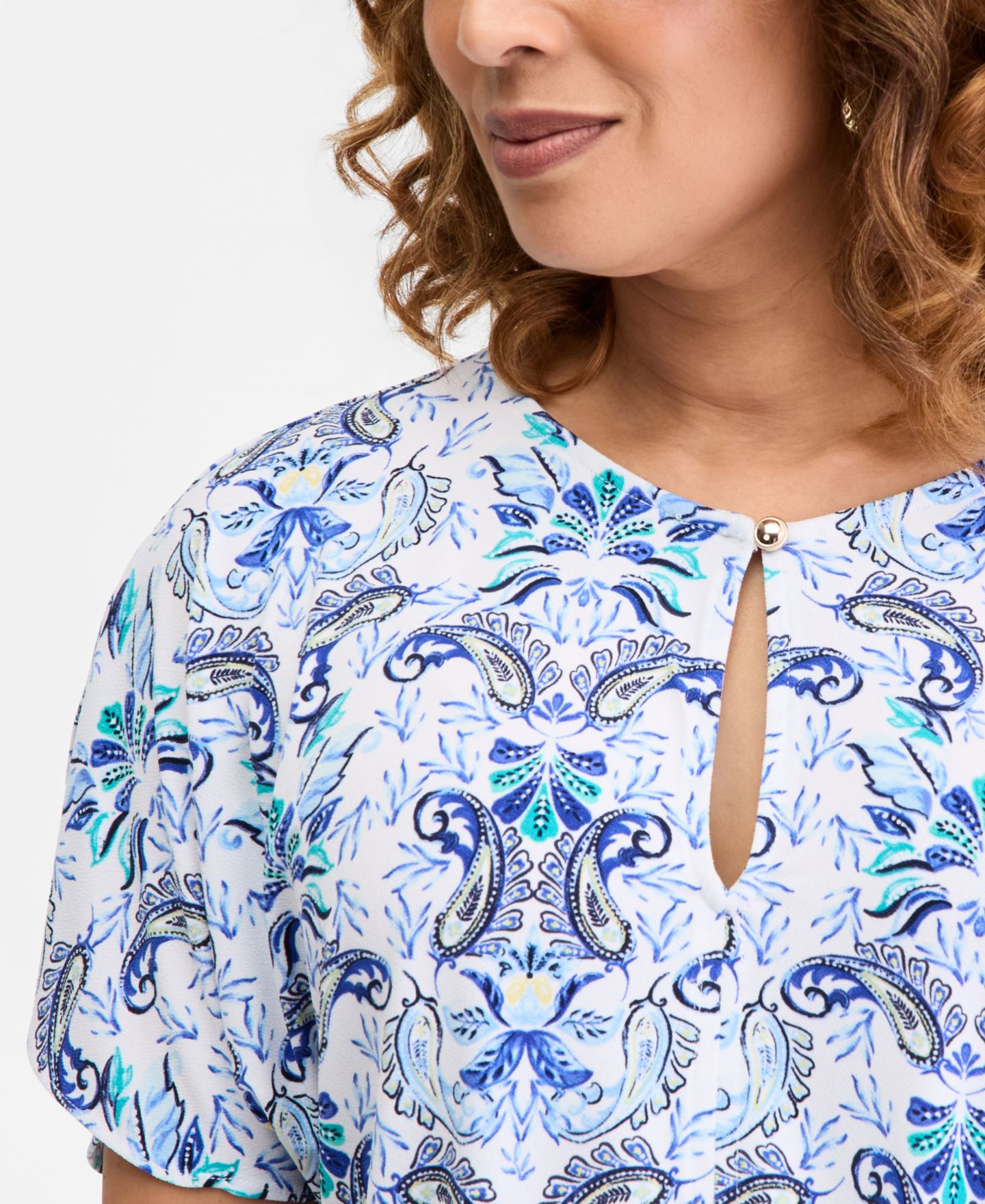 Женский топ JM Collection Short Dolman-Sleeve Printed Keyhole Knit Top, цвет: Яркий белый — фото 3