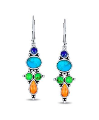 Western Style Multicolor Lapis Turquoise Coral Dangle Earrings Sterling Silver Lever Back