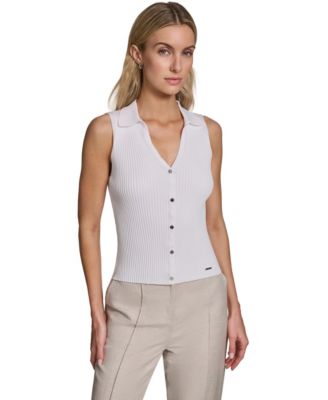 Women's Sleeveless Button-Front Collared Sweater