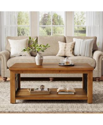 47.2" Solid Wood Coffee Table, Farmhouse Rectangular Center Table, 2-Tier Low Cocktail Tea Table
