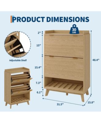 Fluted Shoe Storage Cabinet for Entryway with 2 Flip Drawers and Adjustable Shelves 48 inch Tall Freestanding Narrow Wood Shoe