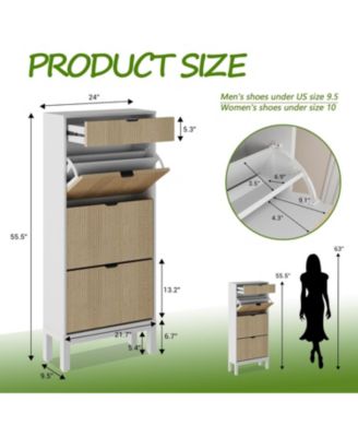 Shoe Storage Cabinet with 3 Flip Drawers Fluted Organizer Metal Legs Slim Entryway Rack and Oak