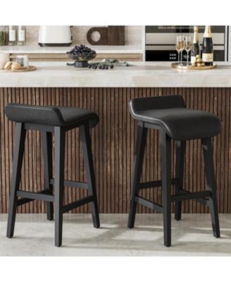 Bar Stools Set of 2, Modern Upholstered Kitchen Stools with Low Back, Footrest & Wood Legs, Counter Height for Kitchen or Dining