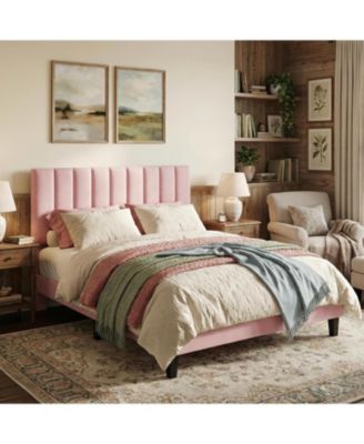 Bed Frame Full Size with Adjustable Height Vertical Channel Tufted Headboard, Upholstered Platform Bed Frame with Sturdy Wooden Slats Support