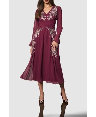 Women's Wrap Waist Embroidered Midi Dress
