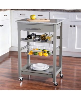 Granite top pine kitchen storage cart with casters and drawers