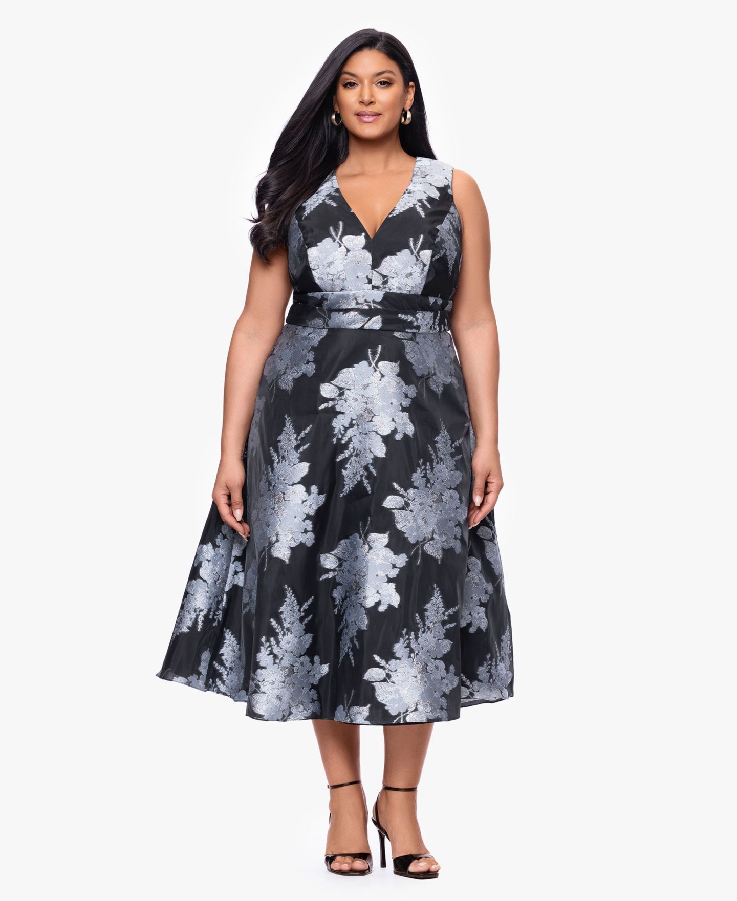 Женское платье Betsy & Adam V-Neck Brocade, цвет: Чёрный светлый синий — фото 2