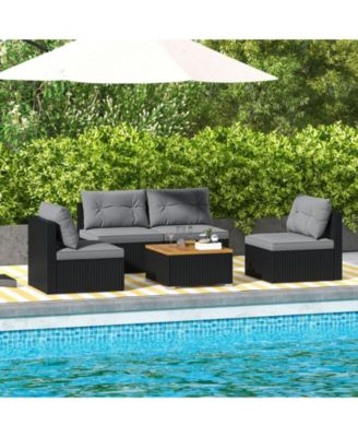 Set Of 5 Outdoor Furniture Set w/ Seat and Back Cushions Acacia Wood Tabletop