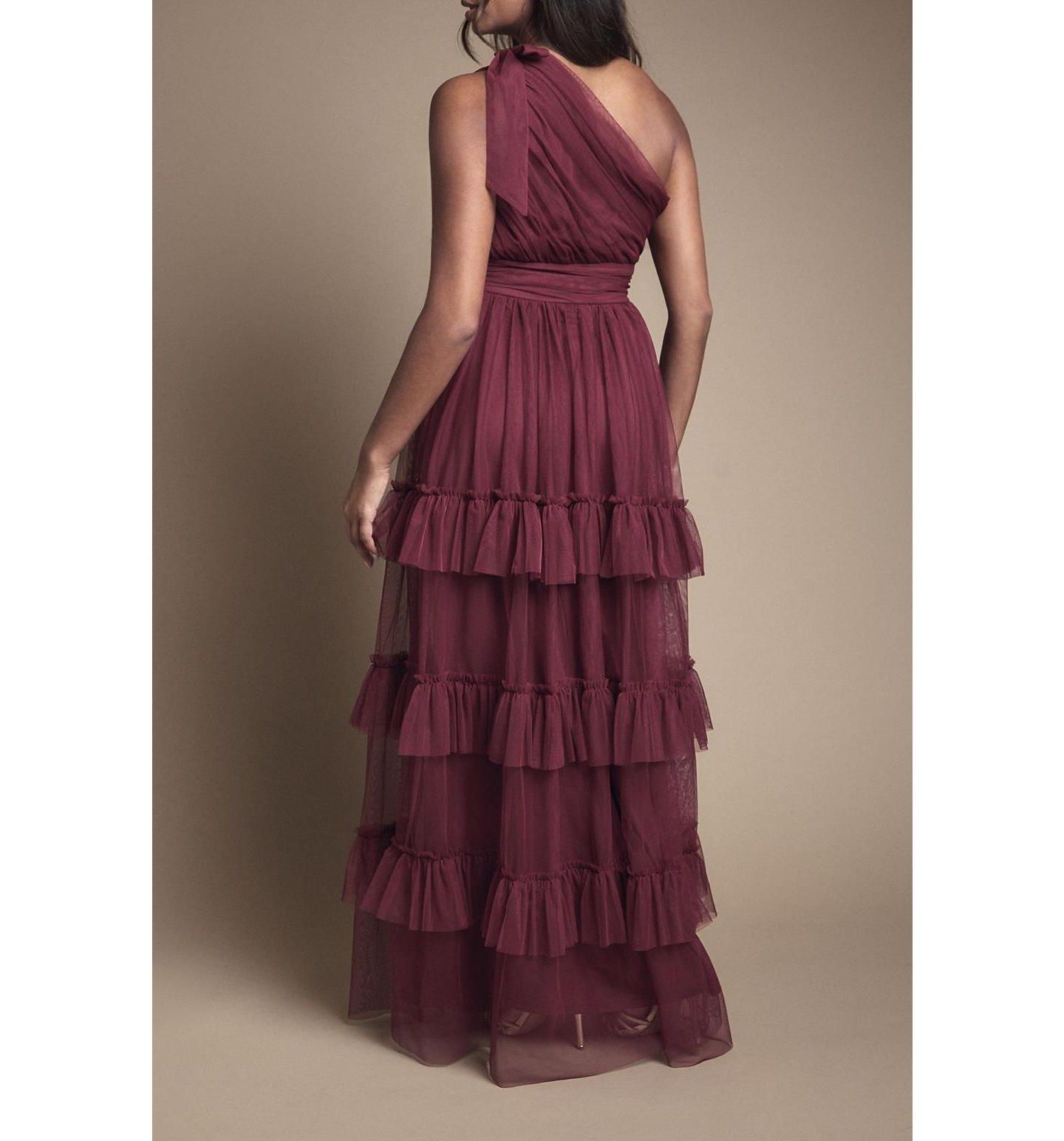 Женское платье Oasis Pleated One Shoulder Tiered Maxi, цвет: Ягодный — фото 6
