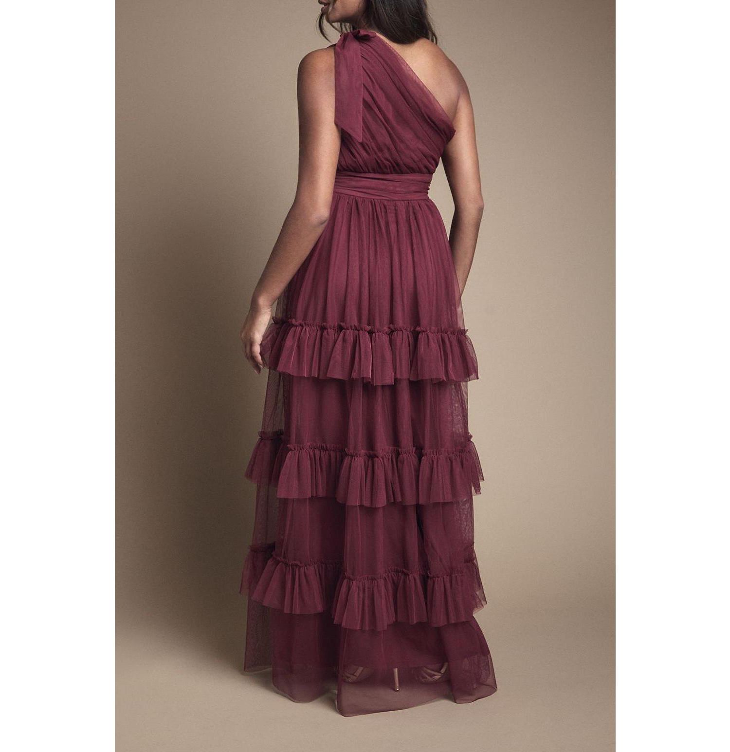 Women's Pleated One Shoulder Tiered Maxi Dress