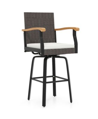 Outdoor 360-Degree Swivel Bar Stool with Cushion and Acacia Wood Armrests