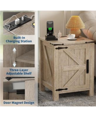 Bedside Tables Set of 2 with USB Charging Station – Rustic Wood Bedside Tables with Sliding Barn Door, Adjustable Shelf