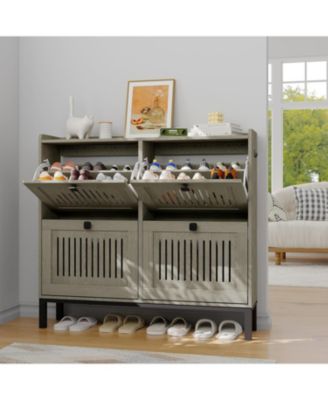 Shoe Storage Cabinet with 4 Flip Drawer, Shoes Organizer with Hollow Out Panel & Black Square Handles