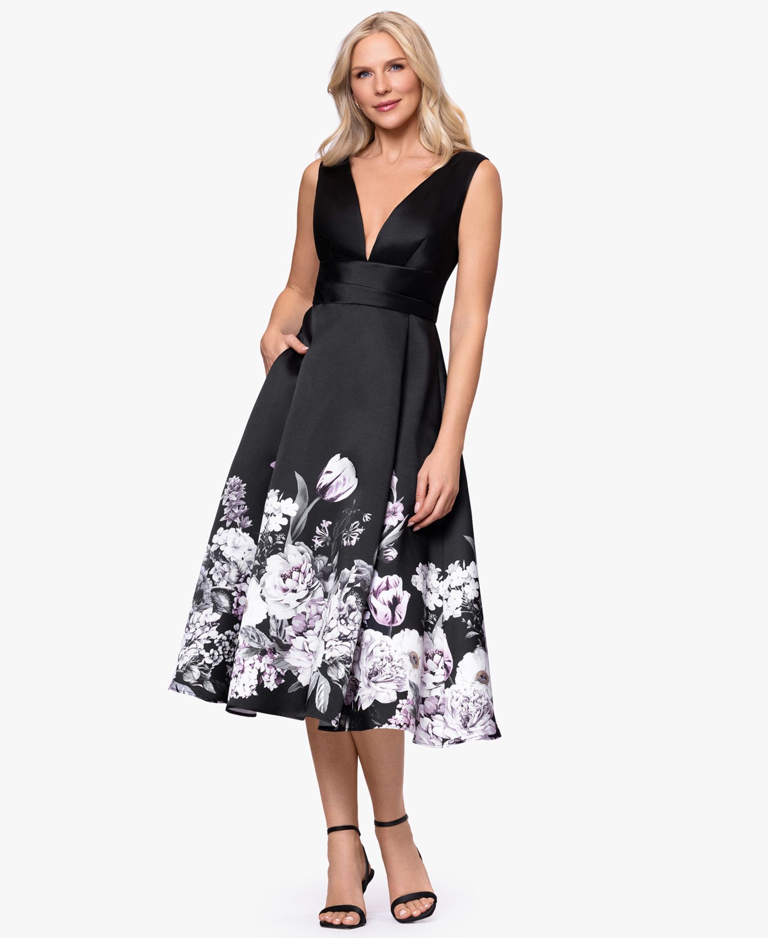 Women's Floral Border V-Neck Midi Dress