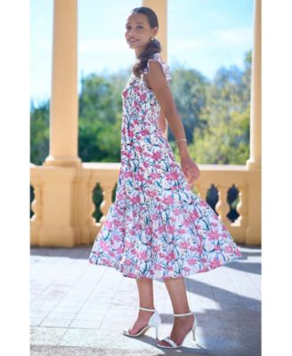 Women's Viscose Floral Ruched Waist Midi Dress