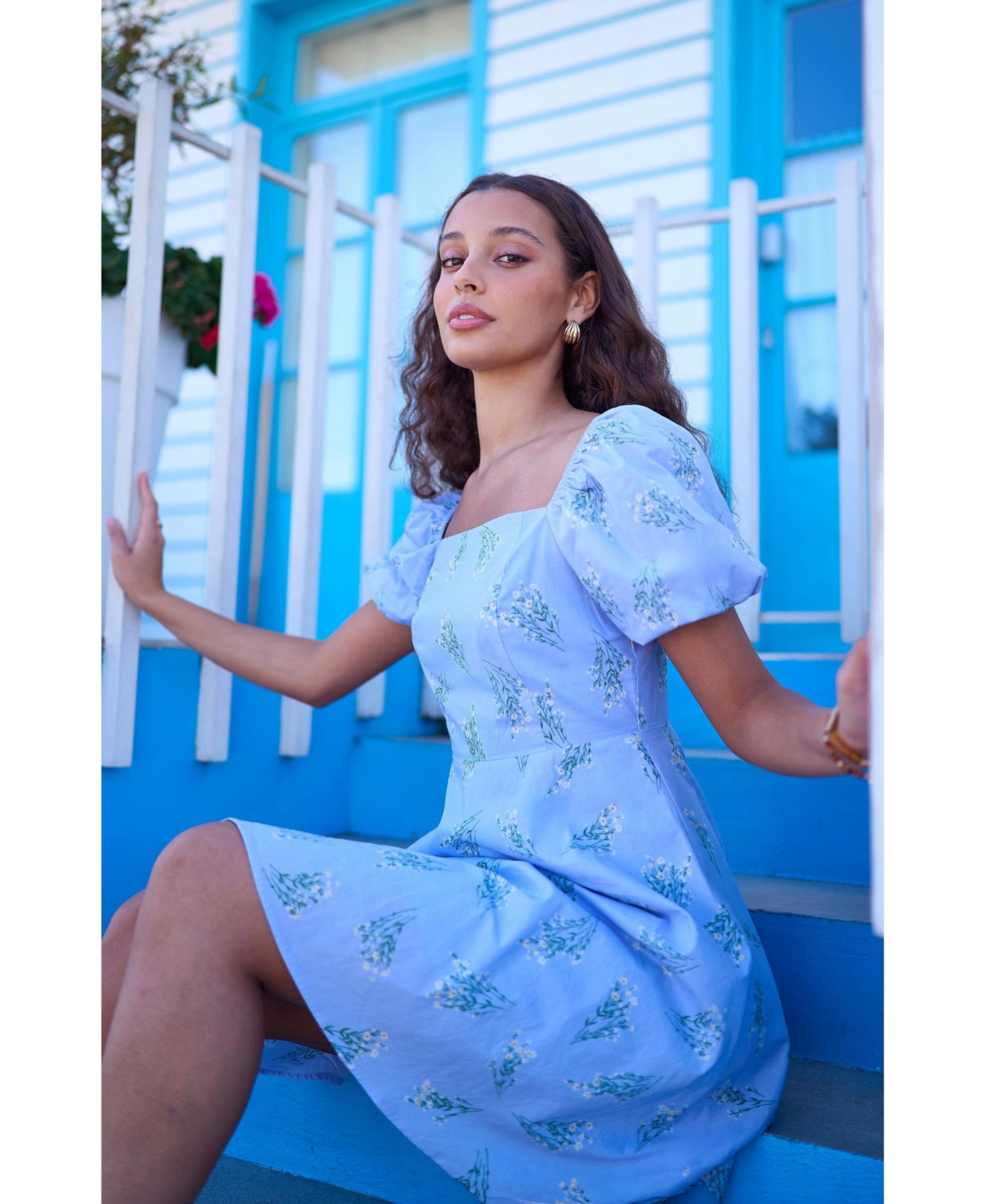 Women's Cotton Floral Puff Sleeve Skater Dress