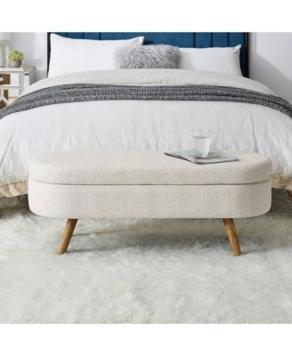 Oval Storage Ottoman Bench - Upholstered End of Bed Bench with Safety Hinge Flip Top and Solid Wood Legs for Bedroom (Beige)