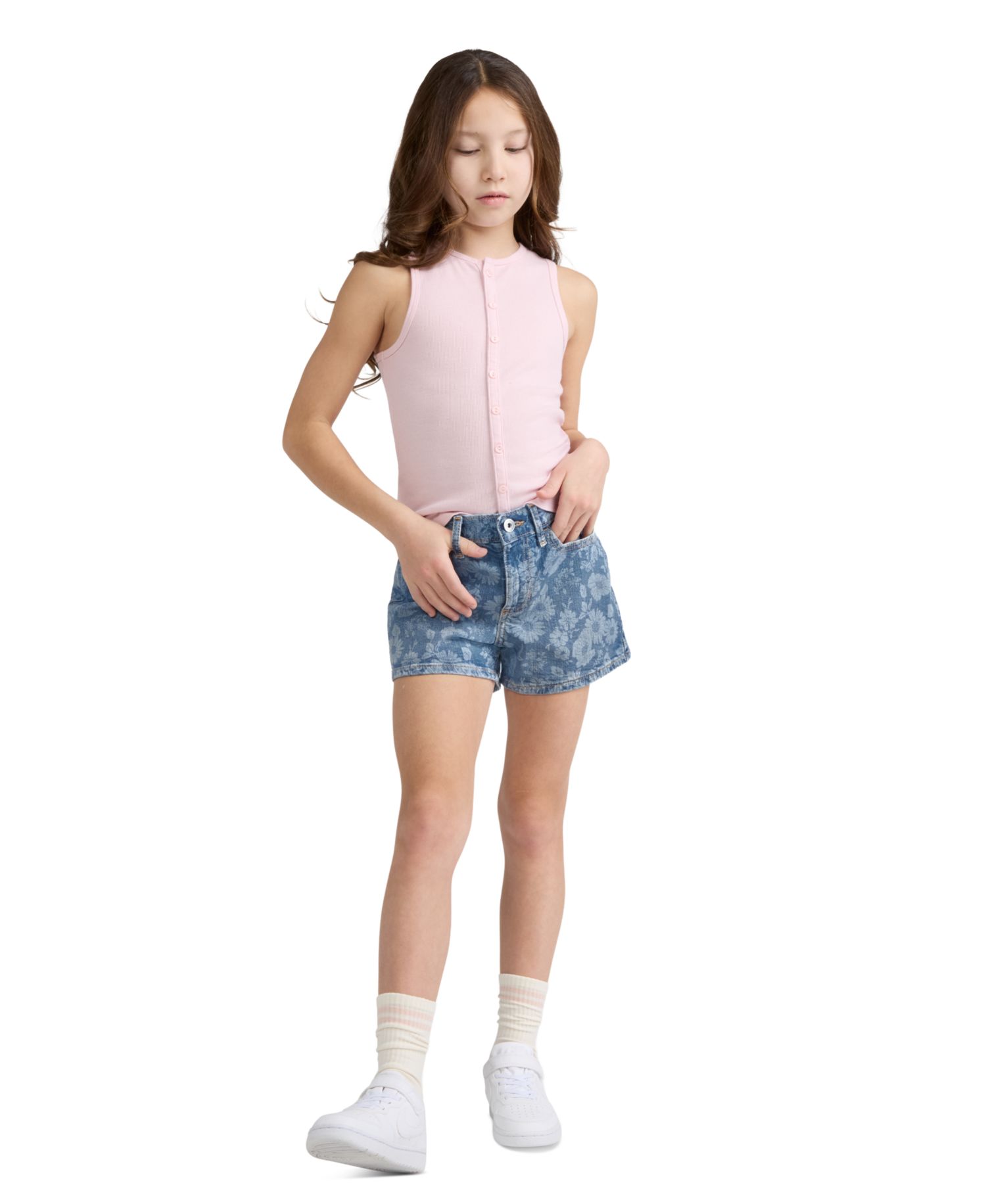 Girls’ High-Rise Relaxed Floral Denim Shorts