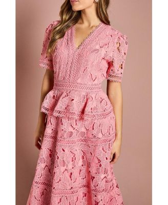 Women's V Neck Tiered Lace Midi Dress