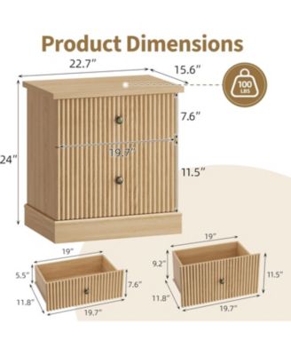 Fluted Nightstand with Drawers, Mid Century Modern Bedside Table, Light Wood Nightstand with Storage